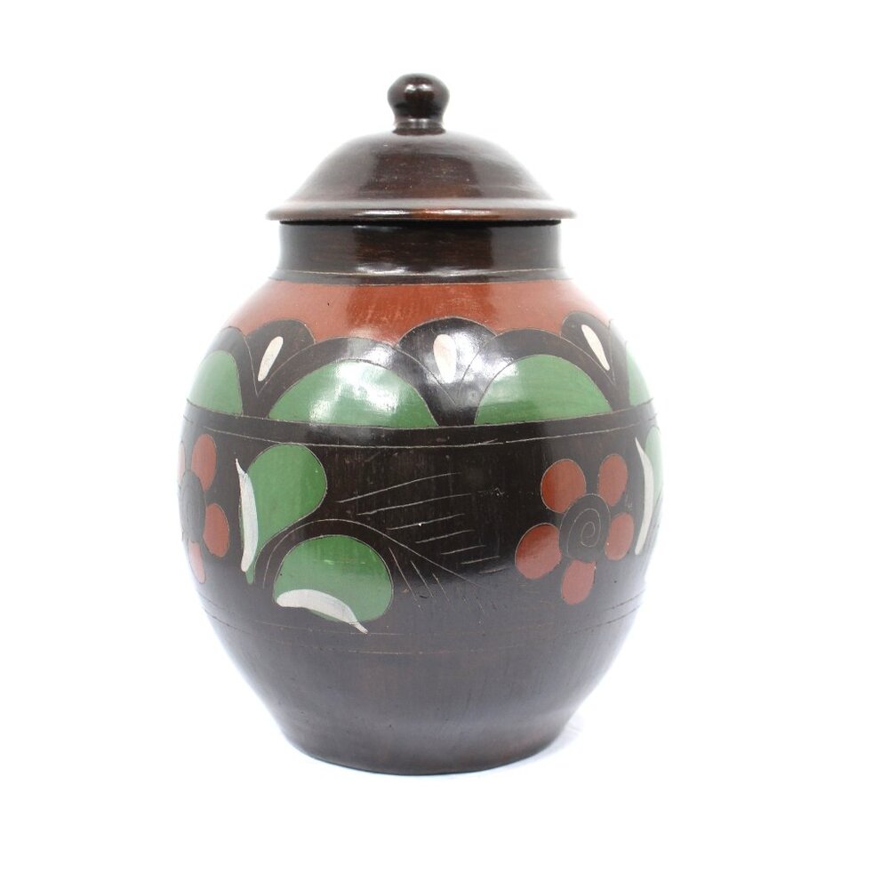 MEXICAN FOLK ART DARK BROWN CLAY POTTERY GINGER POT HAND-PAINTED FLORAL DESIGN